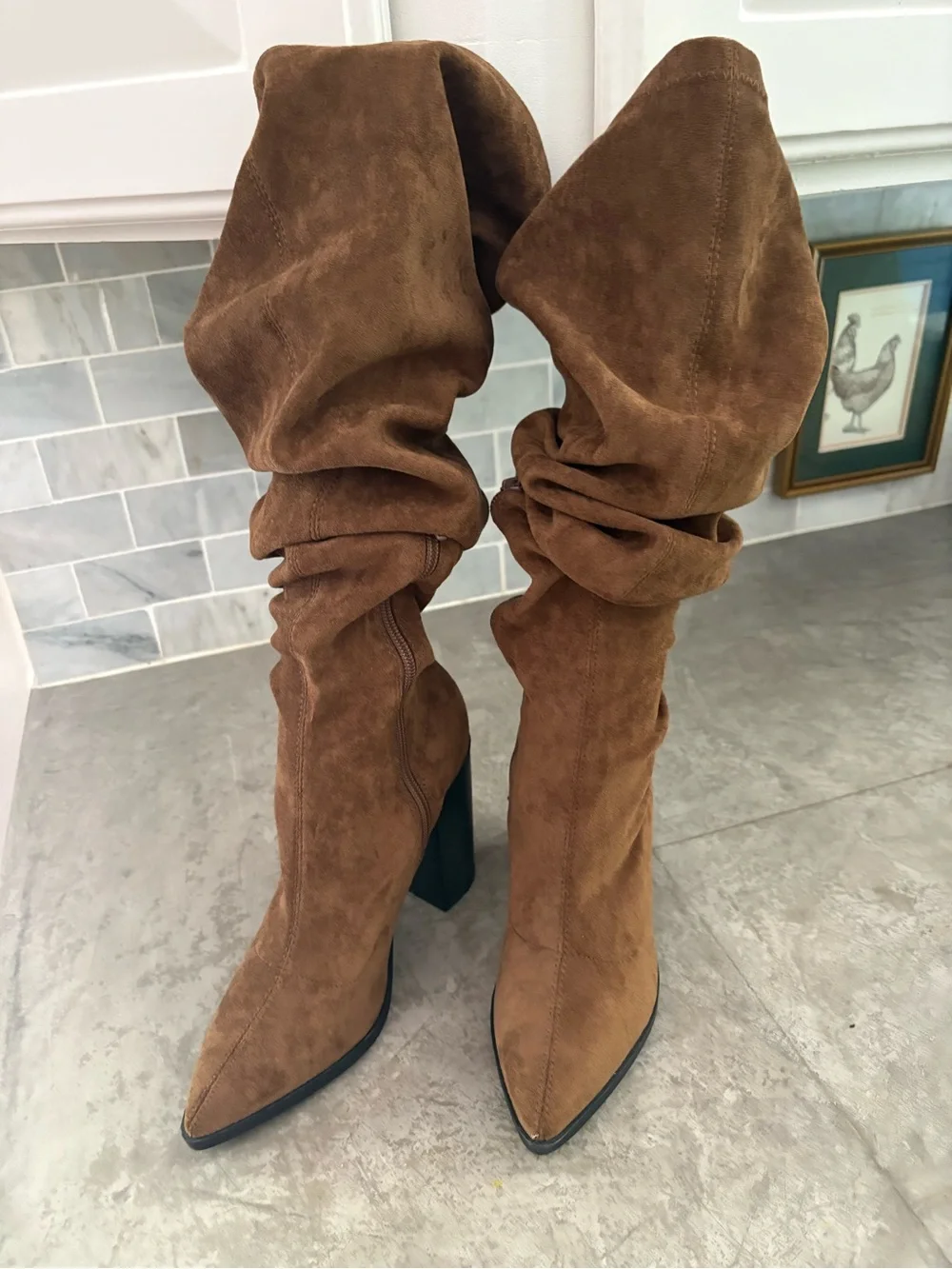 So Me Brown Slouchy Over-the-Knee Suede Pointed-Toe Heeled Boots
